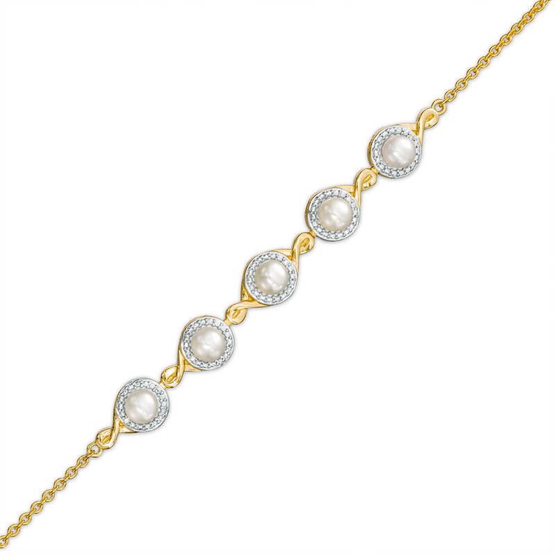 4.0mm Akoya Cultured Pearl and Diamond Accent Five Stone Bracelet in 10K Gold – 8.0"