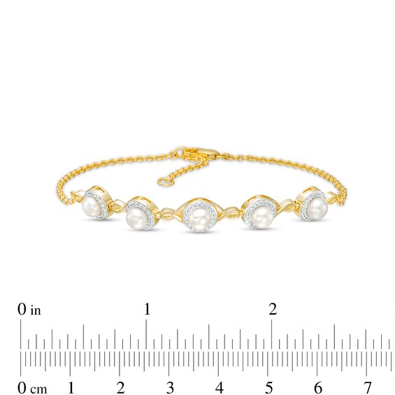 4.0mm Akoya Cultured Pearl and Diamond Accent Five Stone Bracelet in 10K Gold â 8.0"