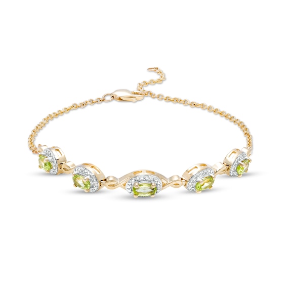 Oval Peridot and Diamond Accent Twist Five Stone Bracelet in 10K Gold â 8.0"
