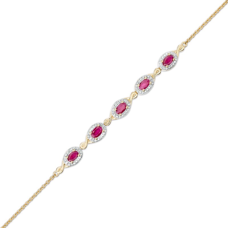 Main Image 1 of Oval Ruby and Diamond Accent Twist Five Stone Bracelet in 10K Gold – 8.0"