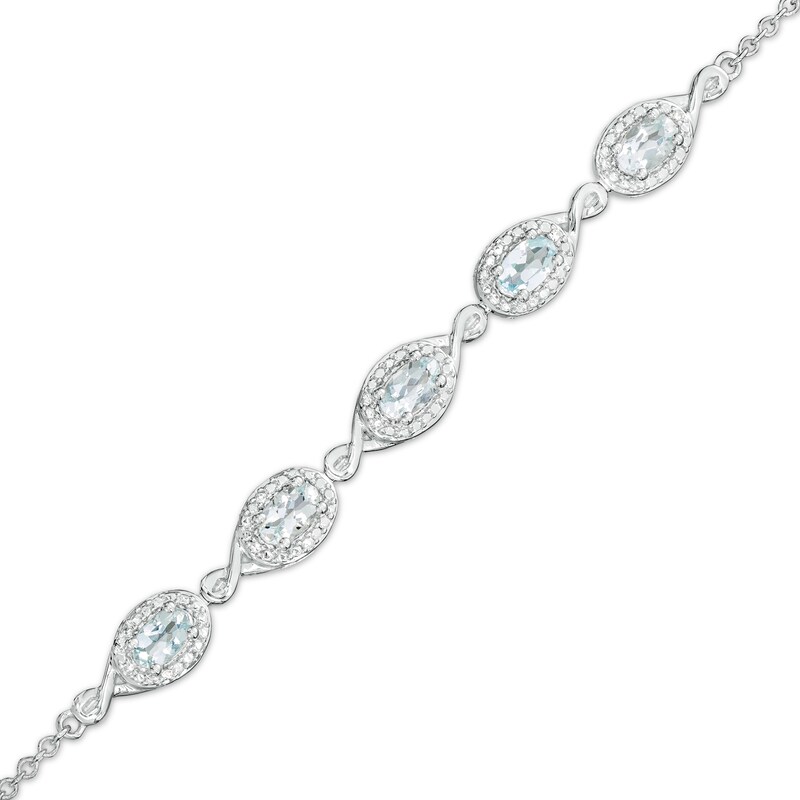 Main Image 1 of Oval Aquamarine and Diamond Accent Twist Five Stone Bracelet in 10K White Gold – 8.0"