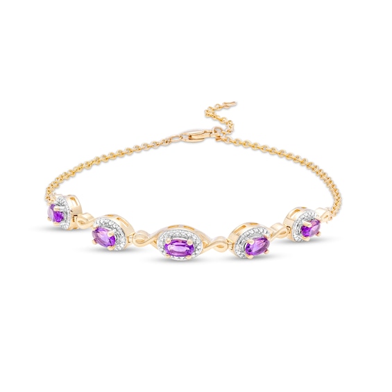 Oval Amethyst and Diamond Accent Twist Five Stone Bracelet in 10K Gold â 8.0"