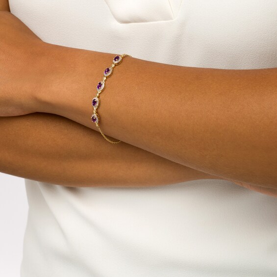 Oval Amethyst and Diamond Accent Twist Five Stone Bracelet in 10K Gold â 8.0"