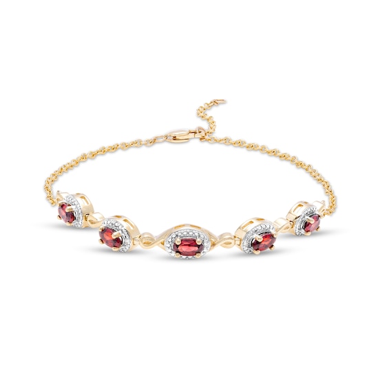 Oval Garnet and Diamond Accent Twist Five Stone Bracelet in 10K Gold â 8.0"