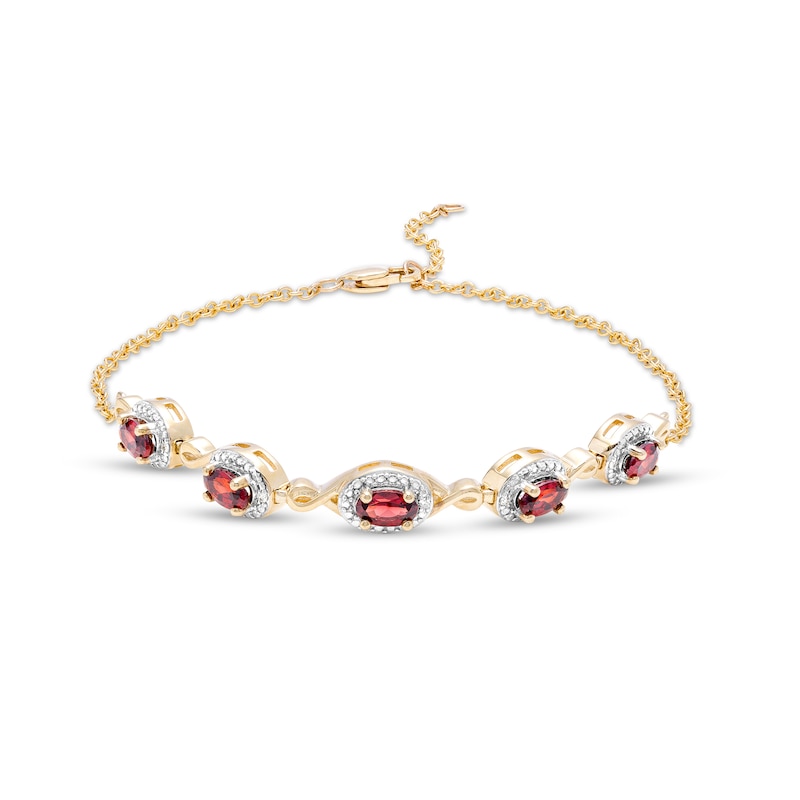 Main Image 1 of Oval Garnet and Diamond Accent Twist Five Stone Bracelet in 10K Gold – 8.0"