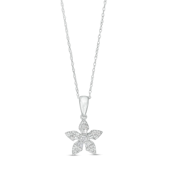 1/4 CT. T.w. Baguette and Round Diamond Flower Pendant in 10K White Gold