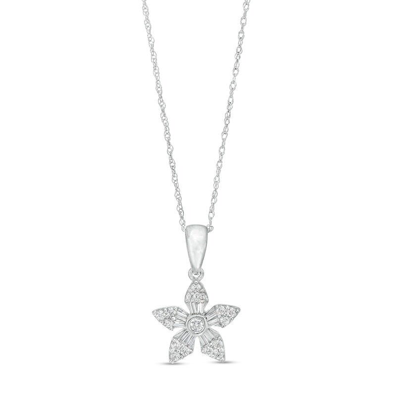 Main Image 1 of 1/4 CT. T.W. Baguette and Round Diamond Flower Pendant in 10K White Gold