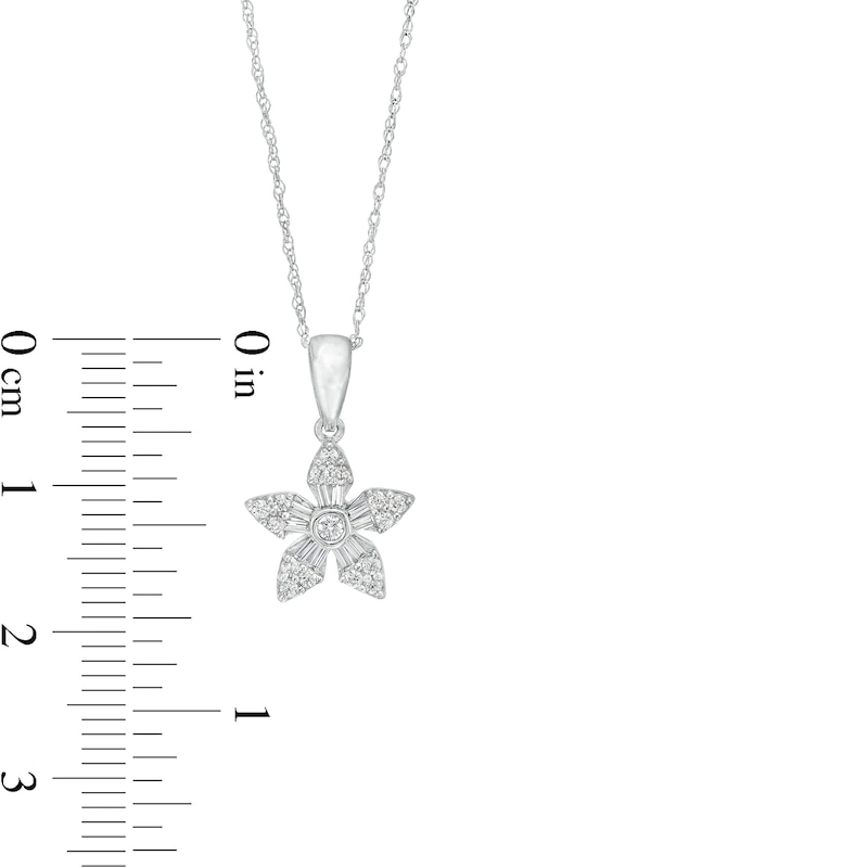 Main Image 3 of 1/4 CT. T.W. Baguette and Round Diamond Flower Pendant in 10K White Gold