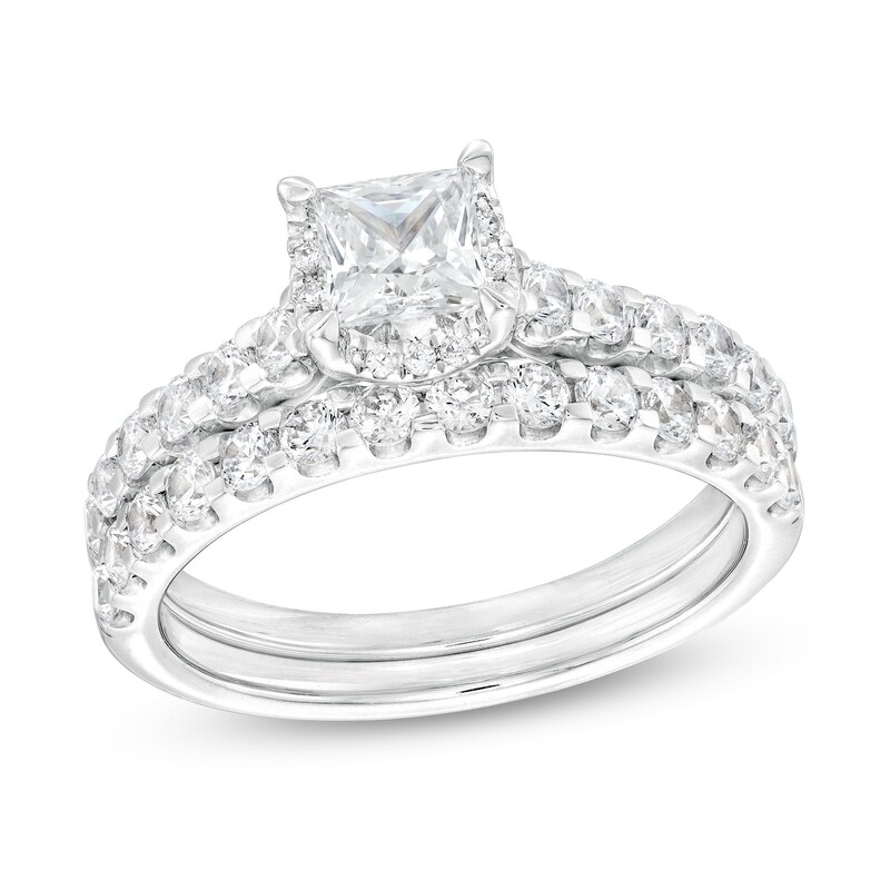 Main Image 1 of 1-3/8 CT. T.W. Princess-Cut Diamond Hidden Frame Bridal Set in 14K White Gold (I/I2)