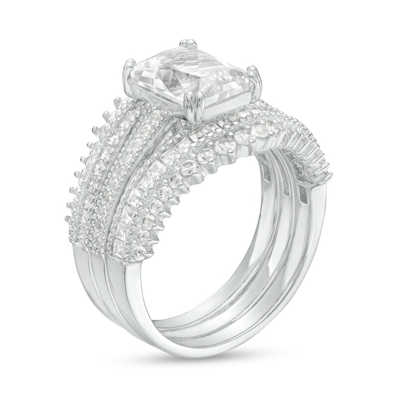 EmeraldCut White LabCreated Sapphire Double Row Three Piece Bridal Set in Sterling Silver Zales