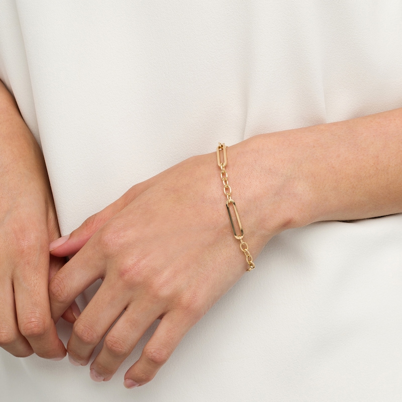 Hollow Paper Clip Link and Rolo Chain Bracelet in 10K Gold - 7.5"