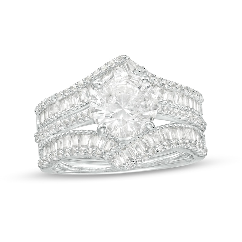 Main Image 1 of 8.0mm White Lab-Created Sapphire Chevron Three Piece Bridal Set in Sterling Silver