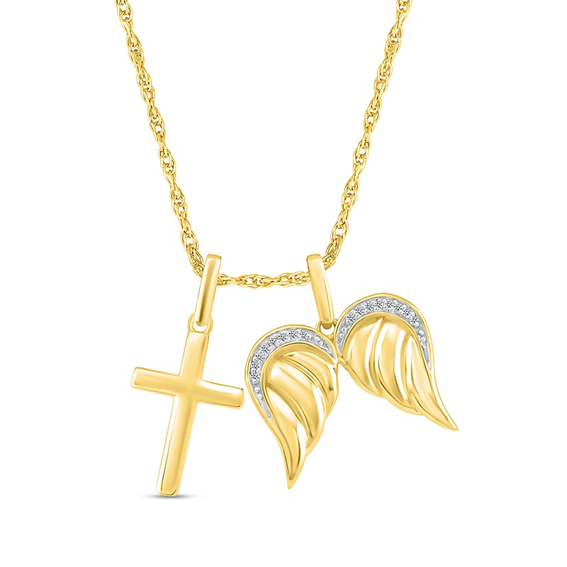 Main Image 1 of 1/20 CT. T.W. Diamond Angel Wings and Cross Charm Pendant in Sterling Silver with 14K Gold Plate