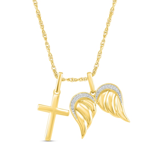 1/20 CT. T.w. Diamond Angel Wings and Cross Charm Pendant in Sterling Silver with 14K Gold Plate