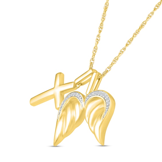 1/20 CT. T.w. Diamond Angel Wings and Cross Charm Pendant in Sterling Silver with 14K Gold Plate