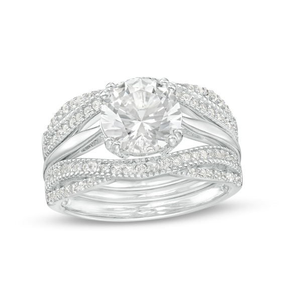 8.0mm White Lab-Created Sapphire Twist Shank Three Piece Bridal Set in Sterling Silver