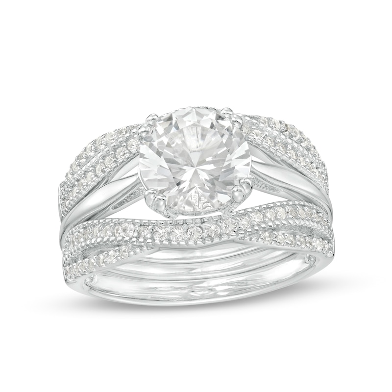 Main Image 1 of 8.0mm White Lab-Created Sapphire Twist Shank Three Piece Bridal Set in Sterling Silver