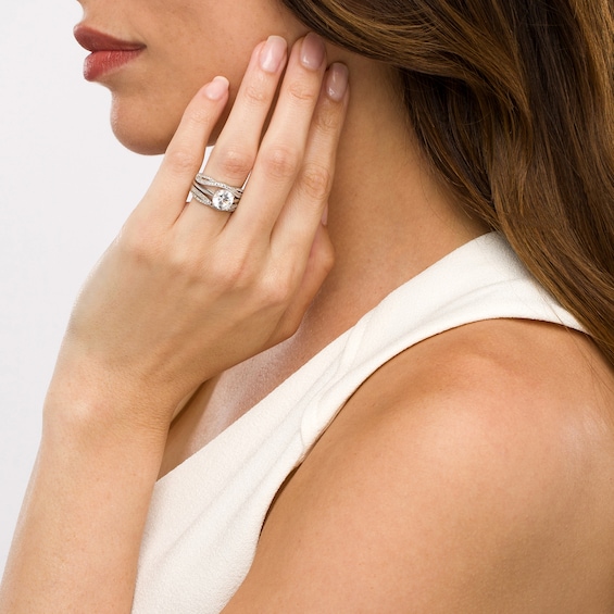 8.0mm White Lab-Created Sapphire Twist Shank Three Piece Bridal Set in Sterling Silver