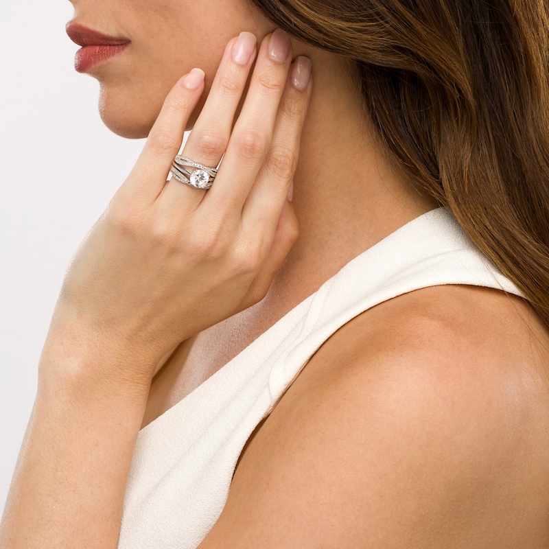 Main Image 2 of 8.0mm White Lab-Created Sapphire Twist Shank Three Piece Bridal Set in Sterling Silver