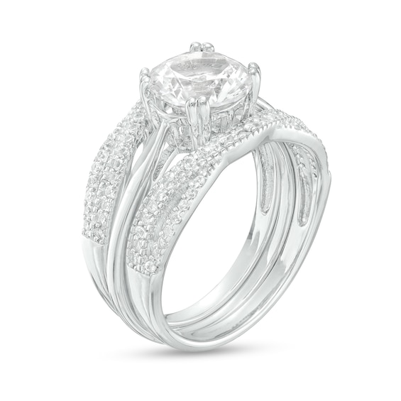 8.0mm White Lab-Created Sapphire Twist Shank Three Piece Bridal Set in Sterling Silver