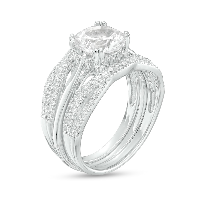 Main Image 3 of 8.0mm White Lab-Created Sapphire Twist Shank Three Piece Bridal Set in Sterling Silver