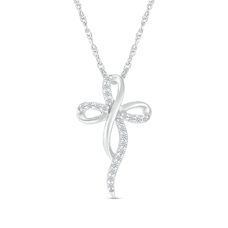 Main Image 1 of 1/8 CT. T.W. Diamond Dainty Ribbon Cross Pendant in Sterling Silver