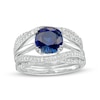 Thumbnail Image 1 of 8.0mm Blue and White Lab-Created Sapphire Twist Shank Three Piece Bridal Set in Sterling Silver
