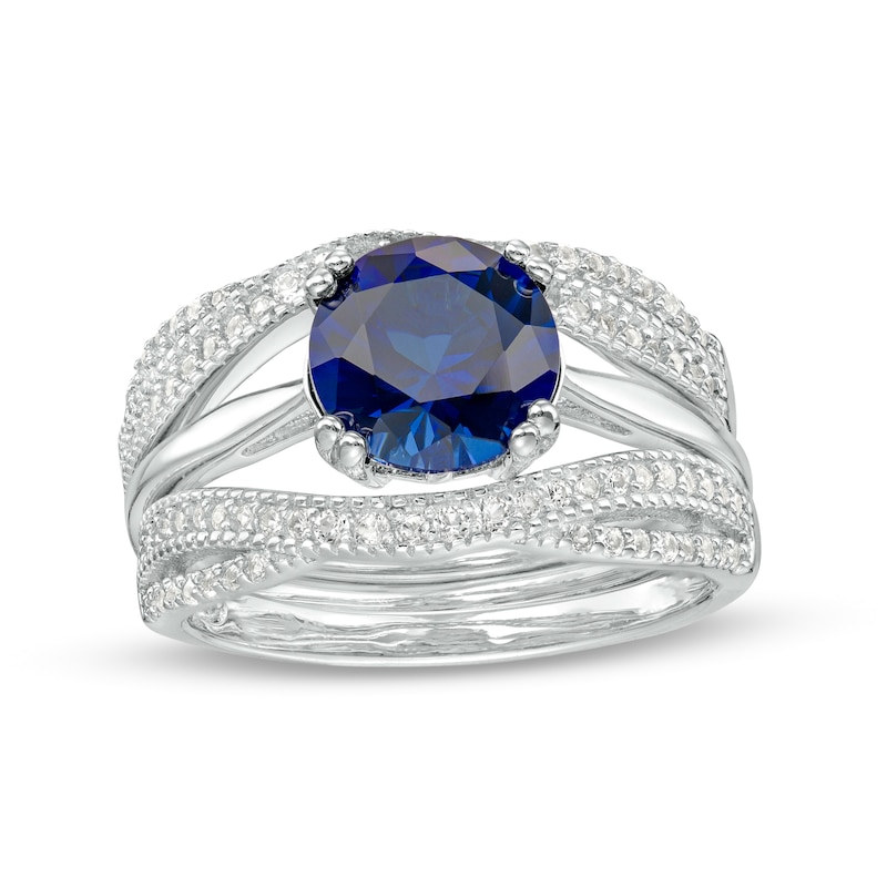 Main Image 1 of 8.0mm Blue and White Lab-Created Sapphire Twist Shank Three Piece Bridal Set in Sterling Silver