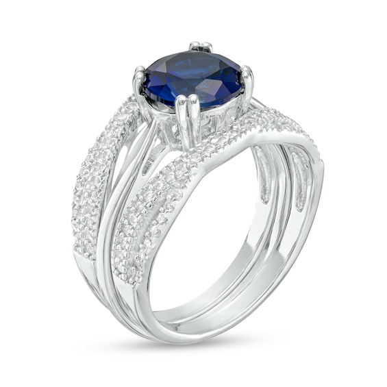 8.0mm Blue and White Lab-Created Sapphire Twist Shank Three Piece Bridal Set Sterling Silver