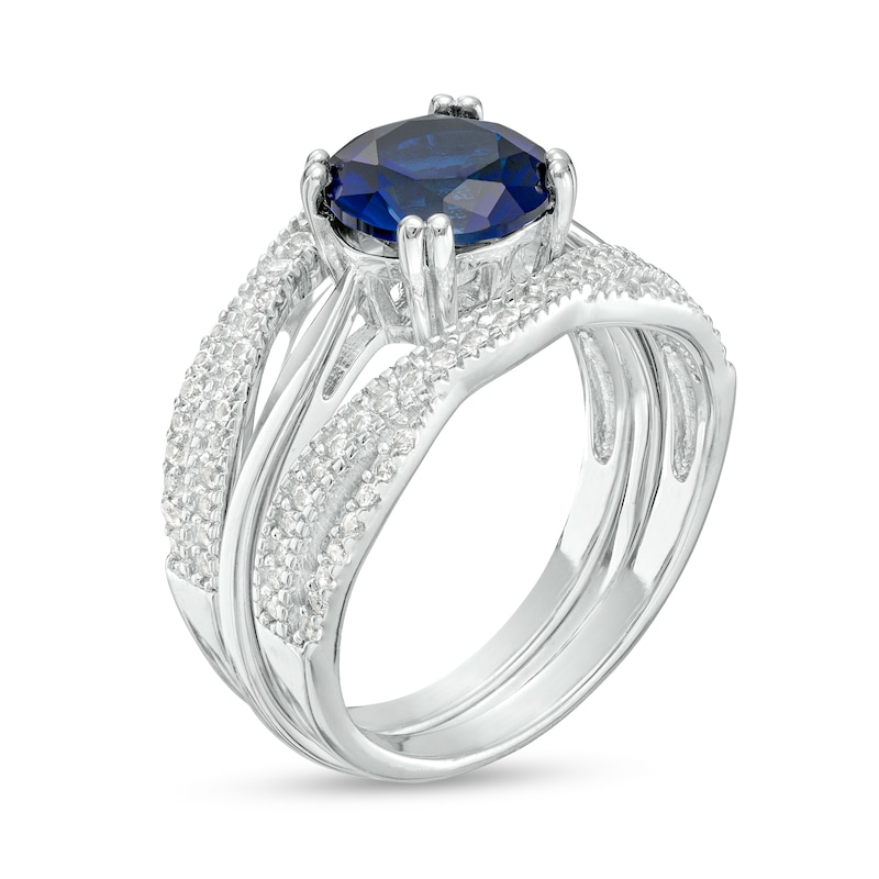 Main Image 3 of 8.0mm Blue and White Lab-Created Sapphire Twist Shank Three Piece Bridal Set in Sterling Silver