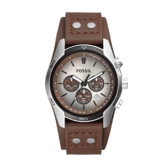 Men's Fossil Coachman Chronograph Brown Leather Strap Cuff-Style Watch with Two-Tone Dial (Model: Ch2565)