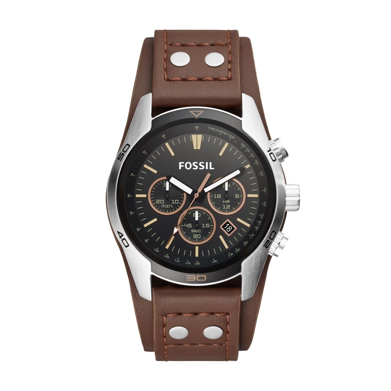 Men's Fossil Coachman Chronograph Brown Leather Strap Cuff-Style Watch with Black Dial (Model: CH2891)