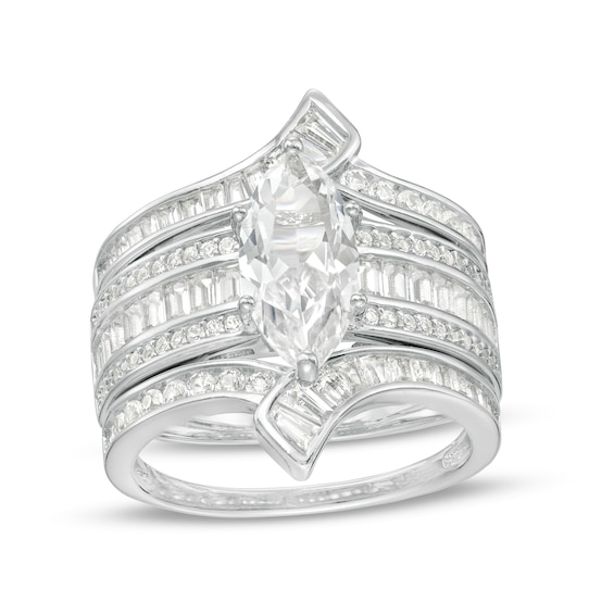 Marquise White Lab-Created Sapphire Multi-Row Bypass Ribbon Three Piece Bridal Set in Sterling Silver