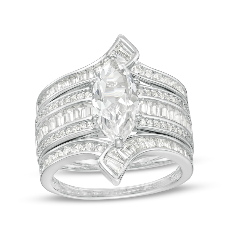 Main Image 1 of Marquise White Lab-Created Sapphire Multi-Row Bypass Ribbon Three Piece Bridal Set in Sterling Silver