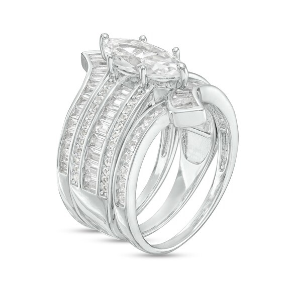 Marquise White Lab-Created Sapphire Multi-Row Bypass Ribbon Three Piece Bridal Set in Sterling Silver