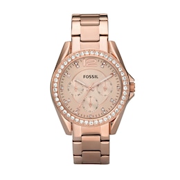 Ladies' Fossil Riley Crystal Accent Rose-Tone Chronograph Watch with Rose-Tone Dial (Model: ES2811)