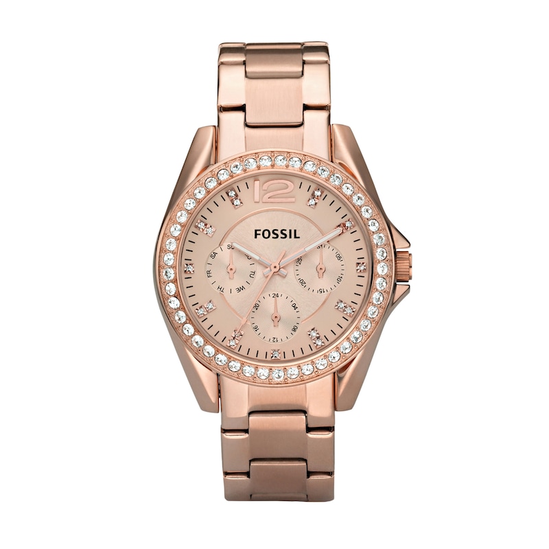 Main Image 1 of Ladies' Fossil Riley Crystal Accent Rose-Tone Chronograph Watch with Rose-Tone Dial (Model: ES2811)