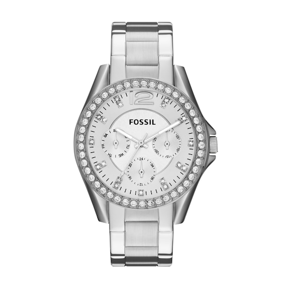 Ladies' Fossil Riley Crystal Accent Chronograph Watch with Silver-Tone Dial (Model: Es3202)