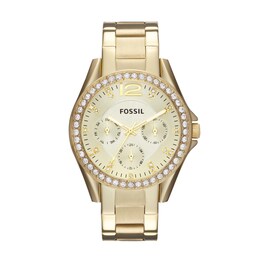 Ladies' Fossil Riley Crystal Accent Gold-Tone Chronograph Watch with Champagne Dial (Model: ES3203)