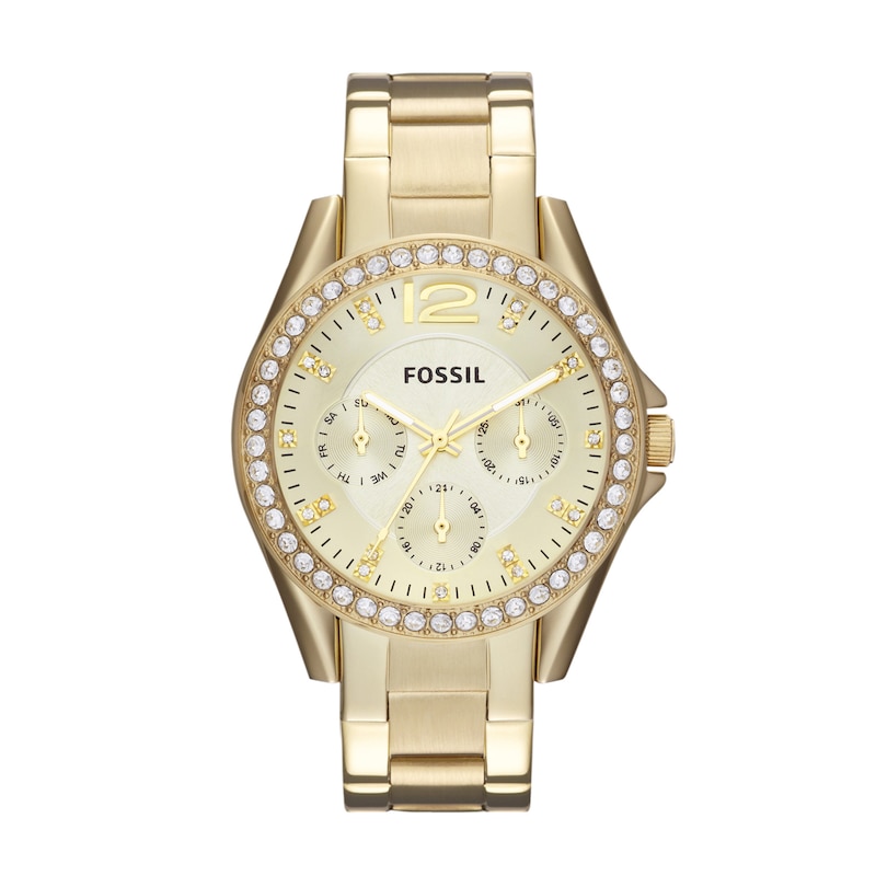 Main Image 1 of Ladies' Fossil Riley Crystal Accent Gold-Tone Chronograph Watch with Champagne Dial (Model: ES3203)