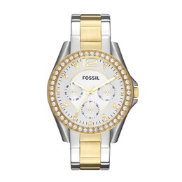 Ladies' Fossil Riley Crystal Accent Two-Tone Chronograph Watch with Silver-Tone Dial (Model: ES3204)