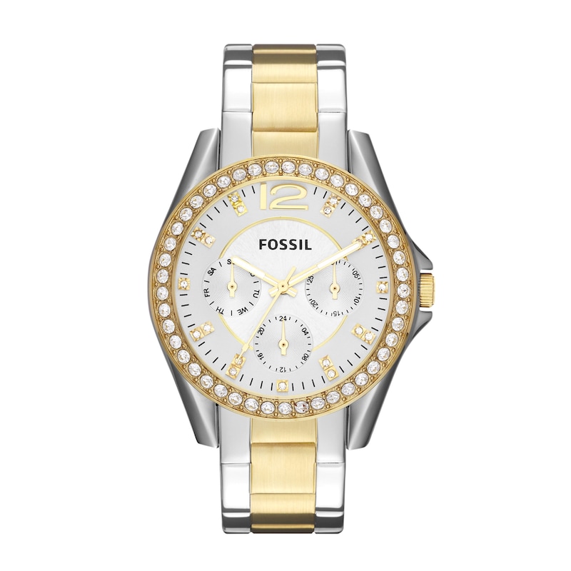 Main Image 1 of Ladies' Fossil Riley Crystal Accent Two-Tone Chronograph Watch with Silver-Tone Dial (Model: ES3204)