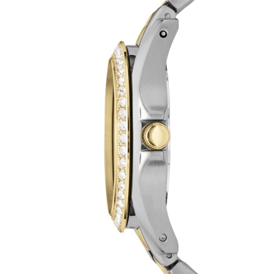 Ladies' Fossil Riley Crystal Accent Two-Tone Chronograph Watch with Silver-Tone Dial (Model: Es3204)