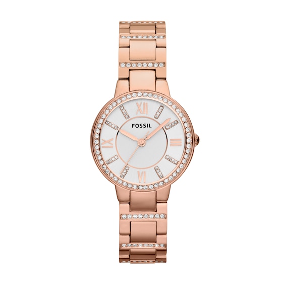 Ladies' Fossil Virginia Crystal Accent Rose-Tone Watch with Silver-Tone Dial (Model: Es3284)