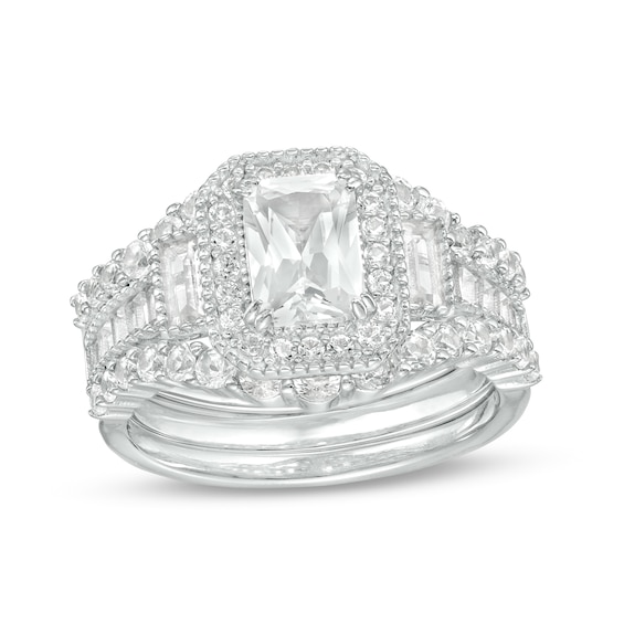 Emerald-Cut White Lab-Created Sapphire Octagonal Frame Vintage-Style Three Piece Bridal Set in Sterling Silver