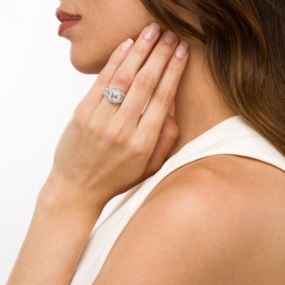 Emerald-Cut White Lab-Created Sapphire Octagonal Frame Vintage-Style Three Piece Bridal Set in Sterling Silver