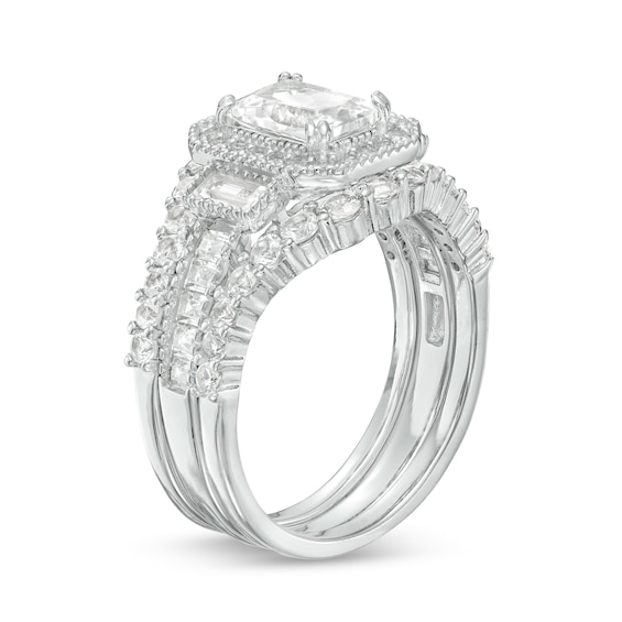 Emerald-Cut White Lab-Created Sapphire Octagonal Frame Vintage-Style Three Piece Bridal Set in Sterling Silver