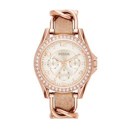 Ladies' Fossil Riley Crystal Accent Rose-Tone Chronograph Pink Leather Strap Watch with Champagne Dial (Model: ES3466)