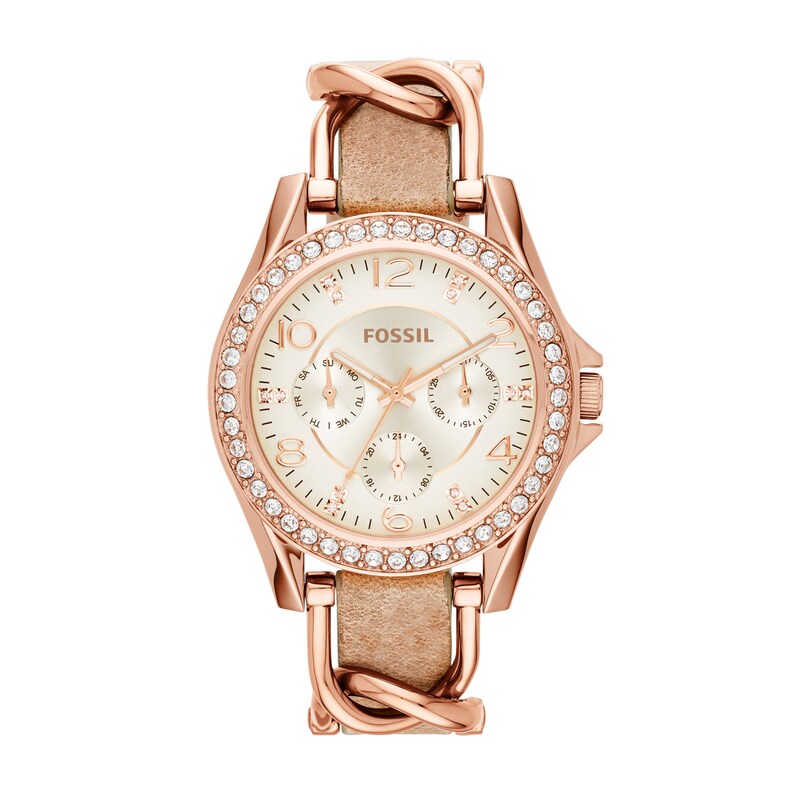 Ladies' Fossil Riley Crystal Accent Rose-Tone Chronograph Pink Leather Strap Watch with Champagne Dial (Model: ES3466)