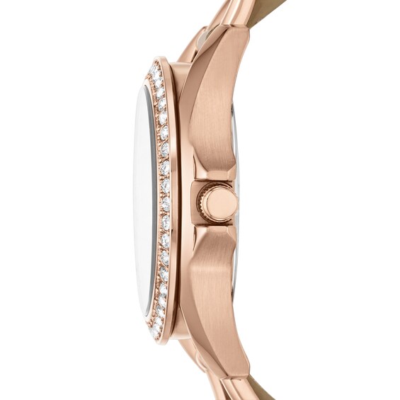 Ladies' Fossil Riley Crystal Accent Rose-Tone Chronograph Pink Leather Strap Watch with Champagne Dial (Model: Es3466)